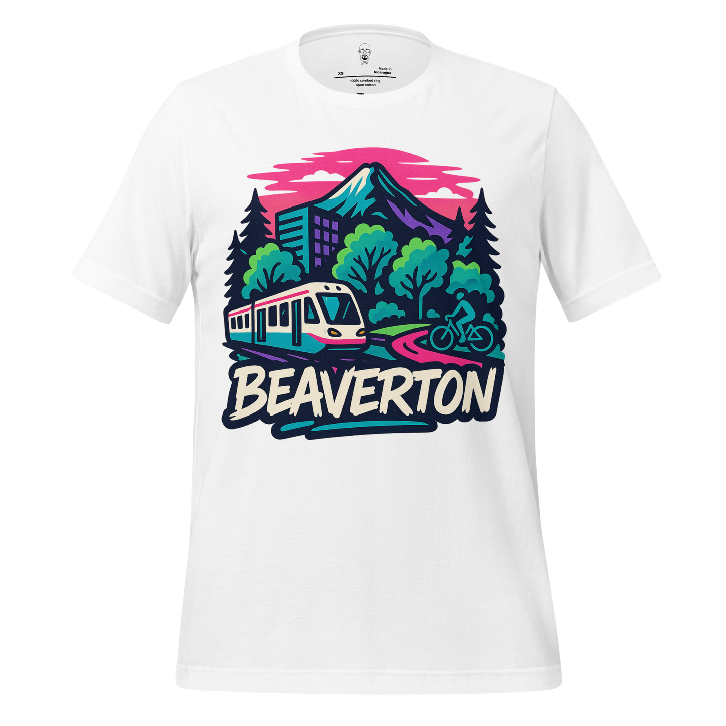 White Beaverton t-shirt by JMK Drip featuring mountain, train, trees, and bike graphic design