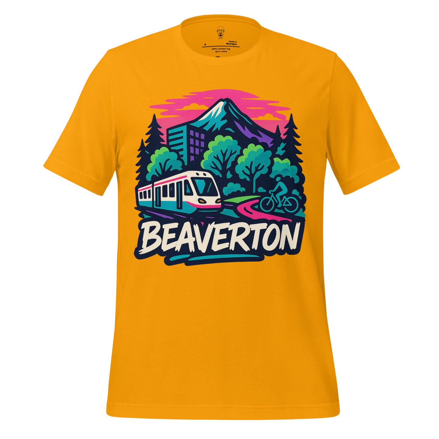 JMK Drip Beaverton t-shirt with colorful mountain, train, and cyclist graphic on yellow fabric