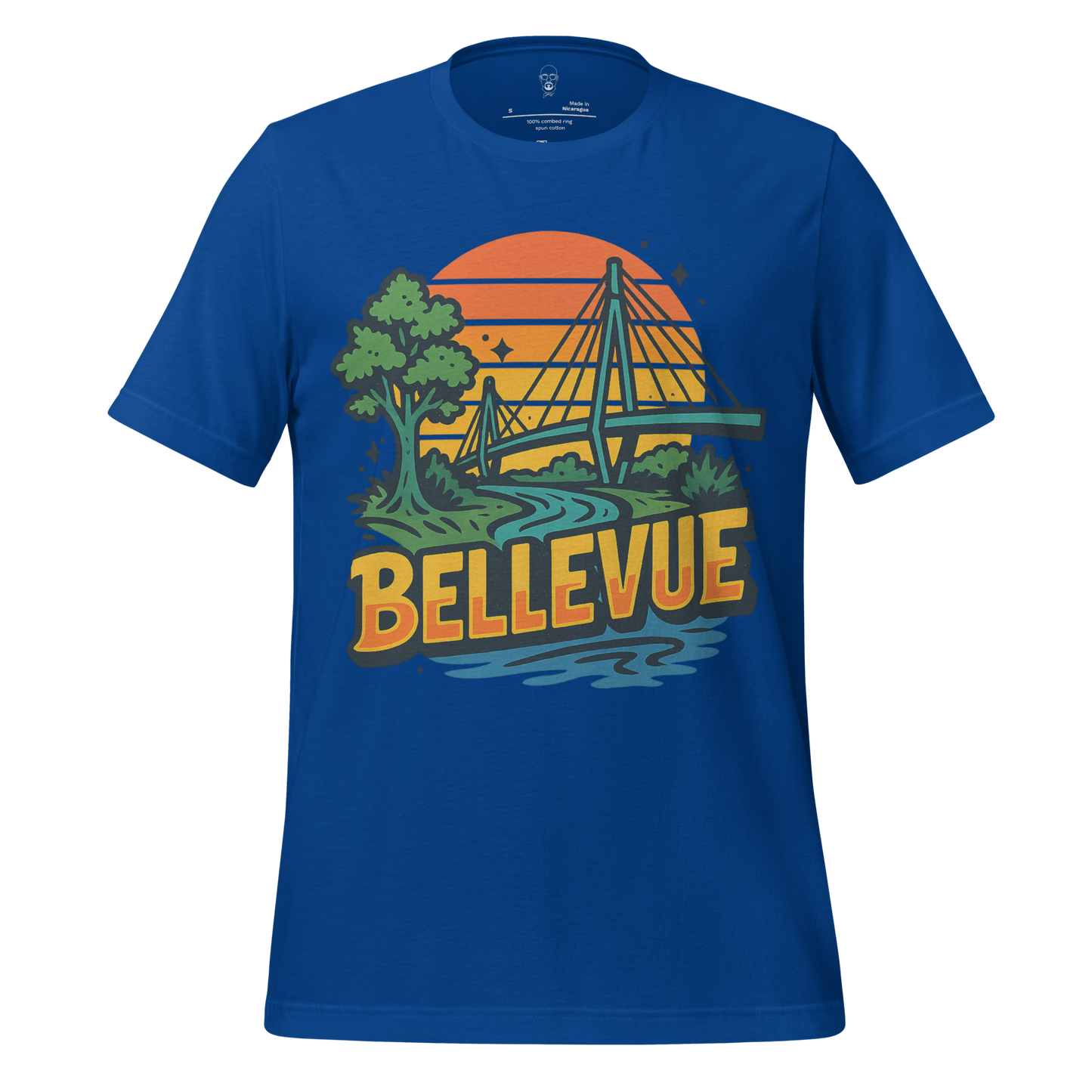 JMK Drip Bellevue graphic t-shirt in blue with sunset, bridge, and tree design