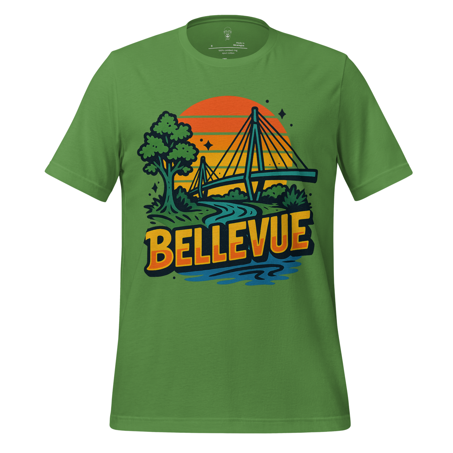 Green Bellevue graphic t-shirt by JMK Drip featuring a sunset, bridge, and tree design
