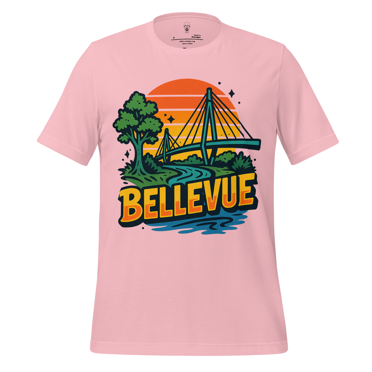 Pink Bellevue graphic t-shirt featuring a scenic bridge and tree design with sunset background