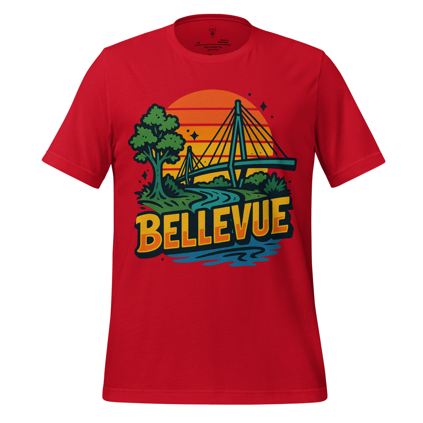 Red Bellevue graphic t-shirt with sunset, bridge, tree, and river design by JMK Drip