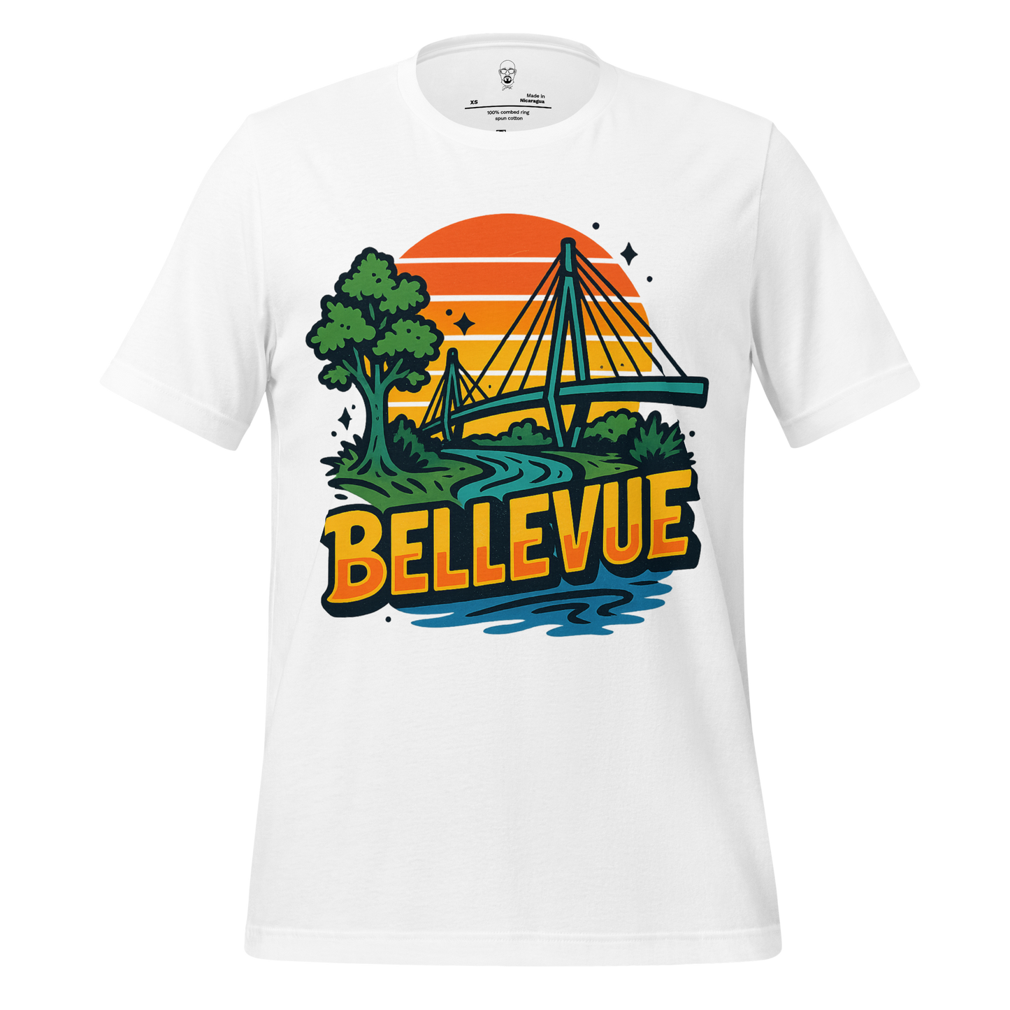White Bellevue graphic t-shirt featuring a colorful bridge and tree design with sunset background