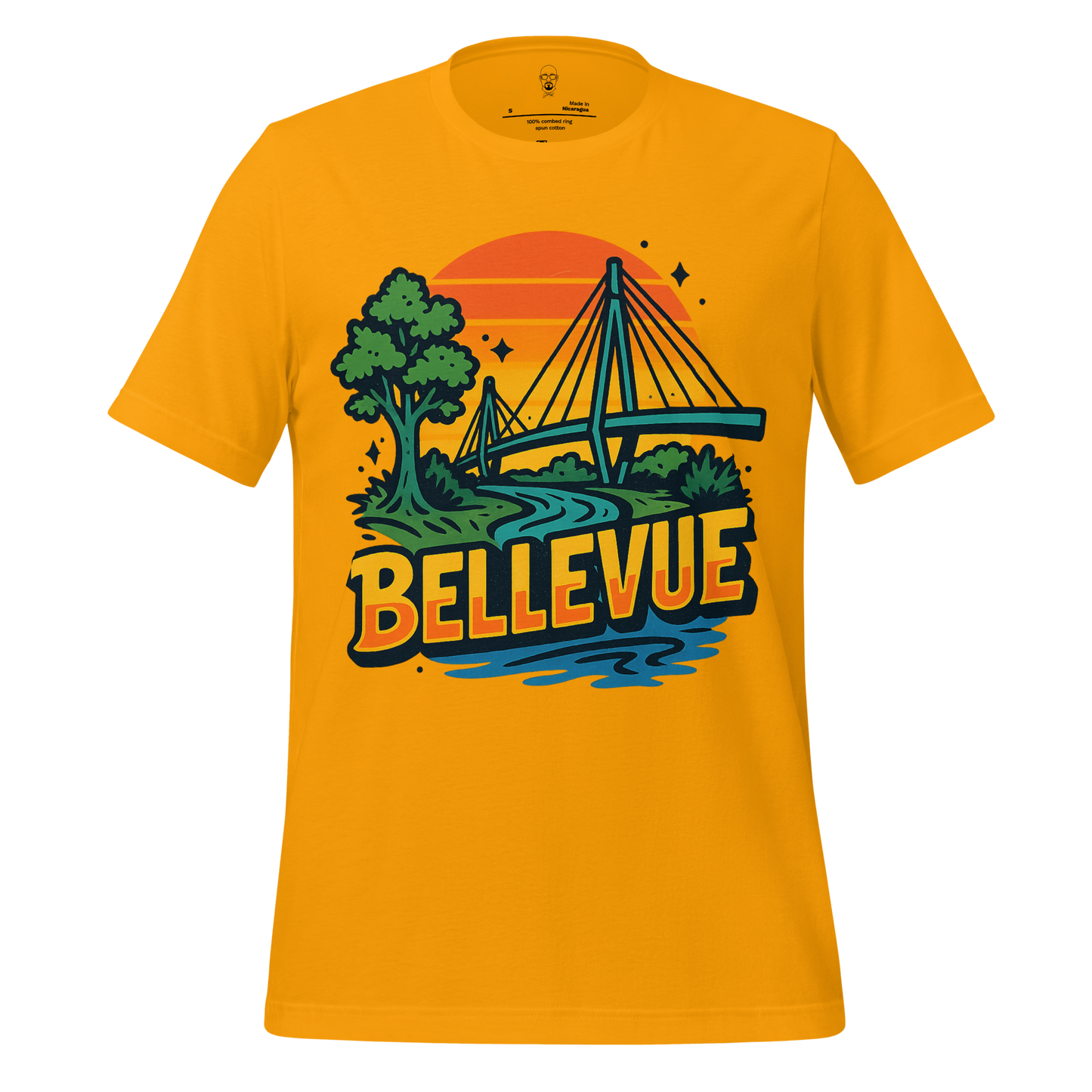 JMK Drip Bellevue graphic t-shirt in orange with bridge and tree illustration