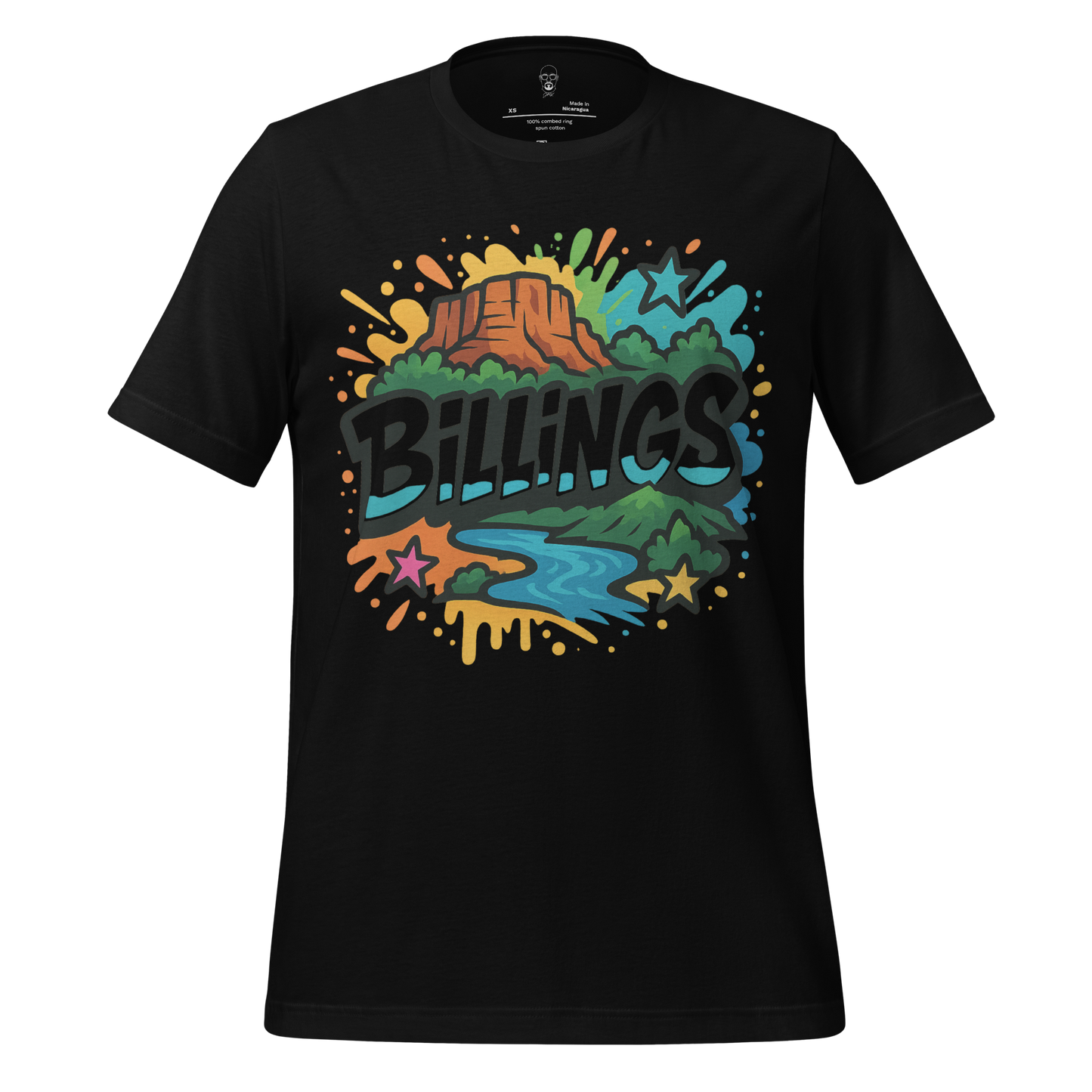JMK Drip black Billings graphic t-shirt featuring colorful nature design with river mountain and stars