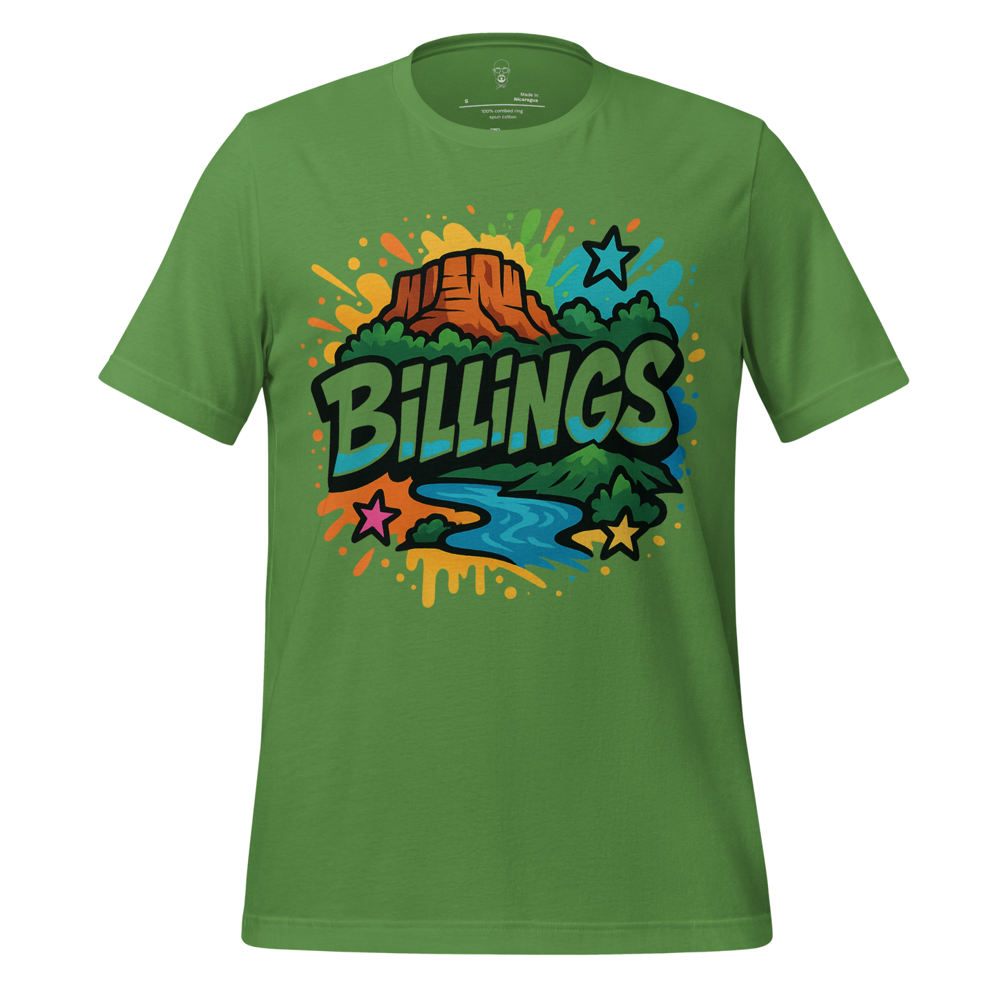 Green Billings graphic t-shirt with colorful mountain, river, and star design on front