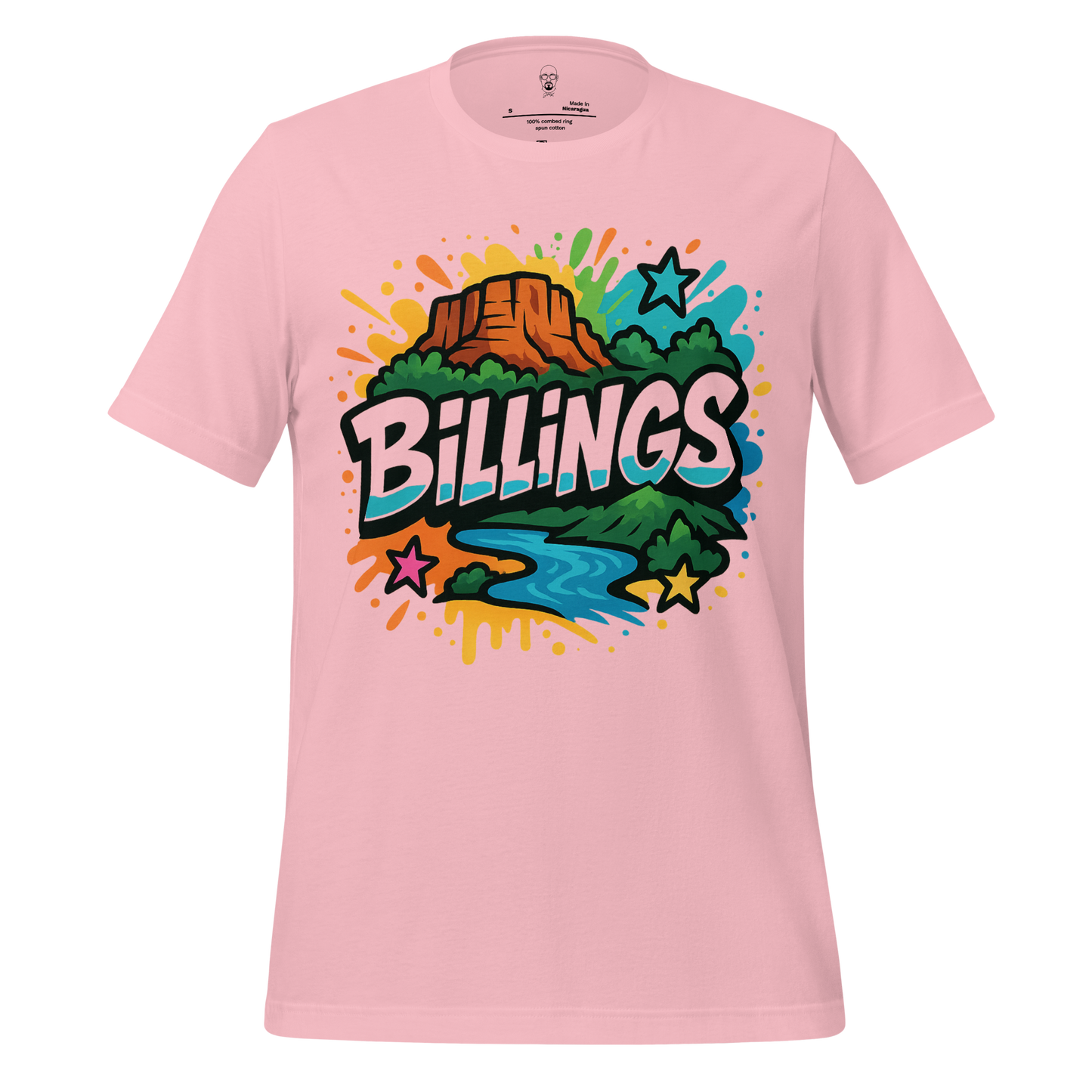 JMK Drip pink Billings graphic t-shirt with colorful mountain and river design