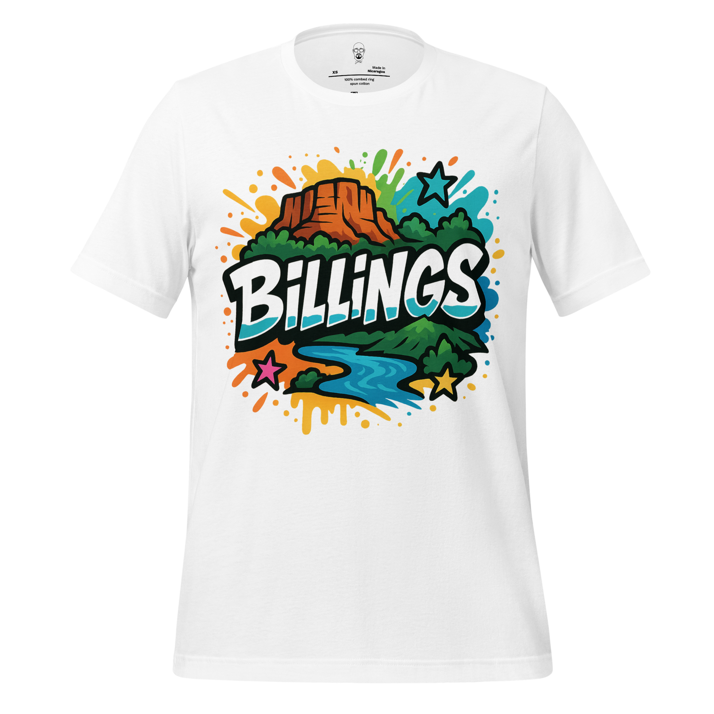 White Billings graphic t-shirt featuring colorful mountain, river, and star design by JMK Drip