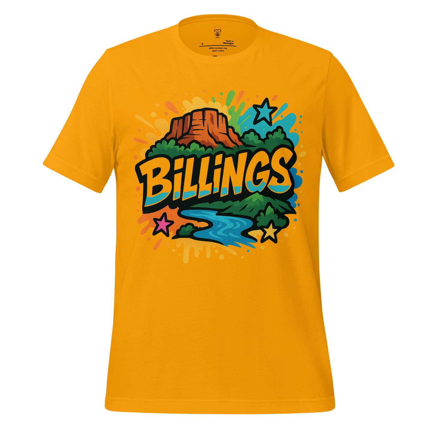 Yellow Billings graphic t-shirt by JMK Drip with colorful mountain and river design