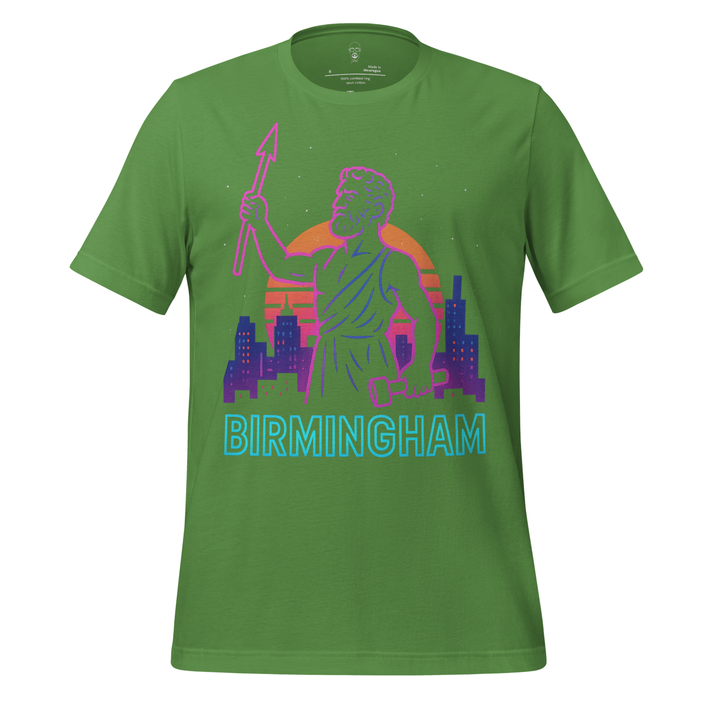 Green Birmingham Graphic T-Shirt by JMK Drip featuring colorful cityscape and statue graphic