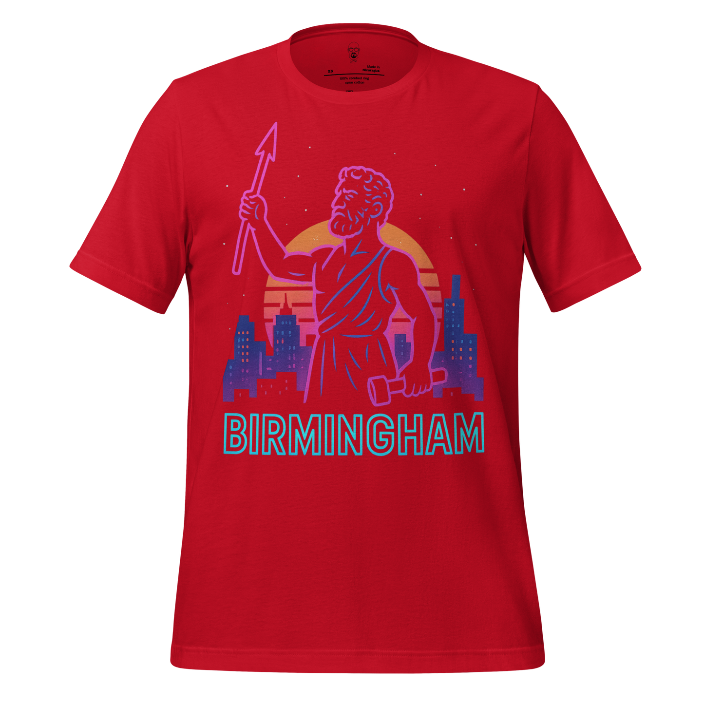 Red Birmingham Graphic T-Shirt with city skyline and statue holding spear and hammer design