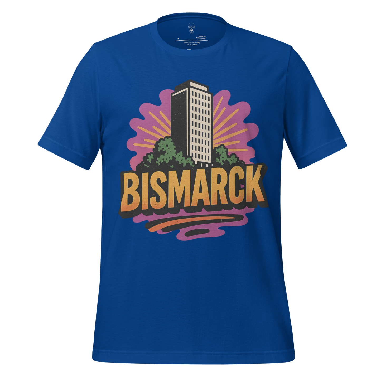 JMK Drip bold Bismarck graphic t-shirt in blue featuring building and sunburst design