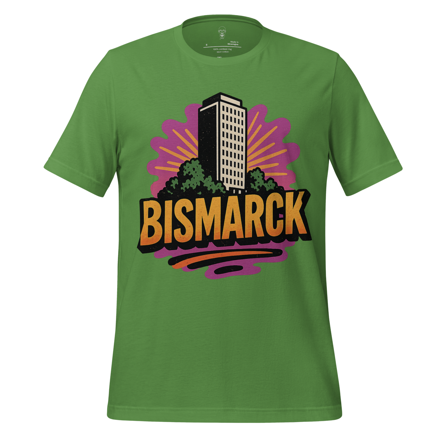 Green Bismarck graphic t-shirt from JMK Drip featuring a building and colorful design
