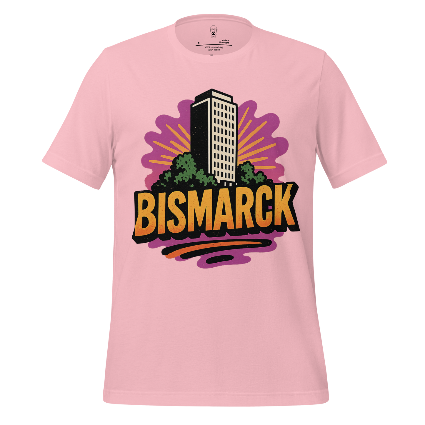 JMK Drip pink Bismarck graphic t-shirt featuring a tall building and sunburst design