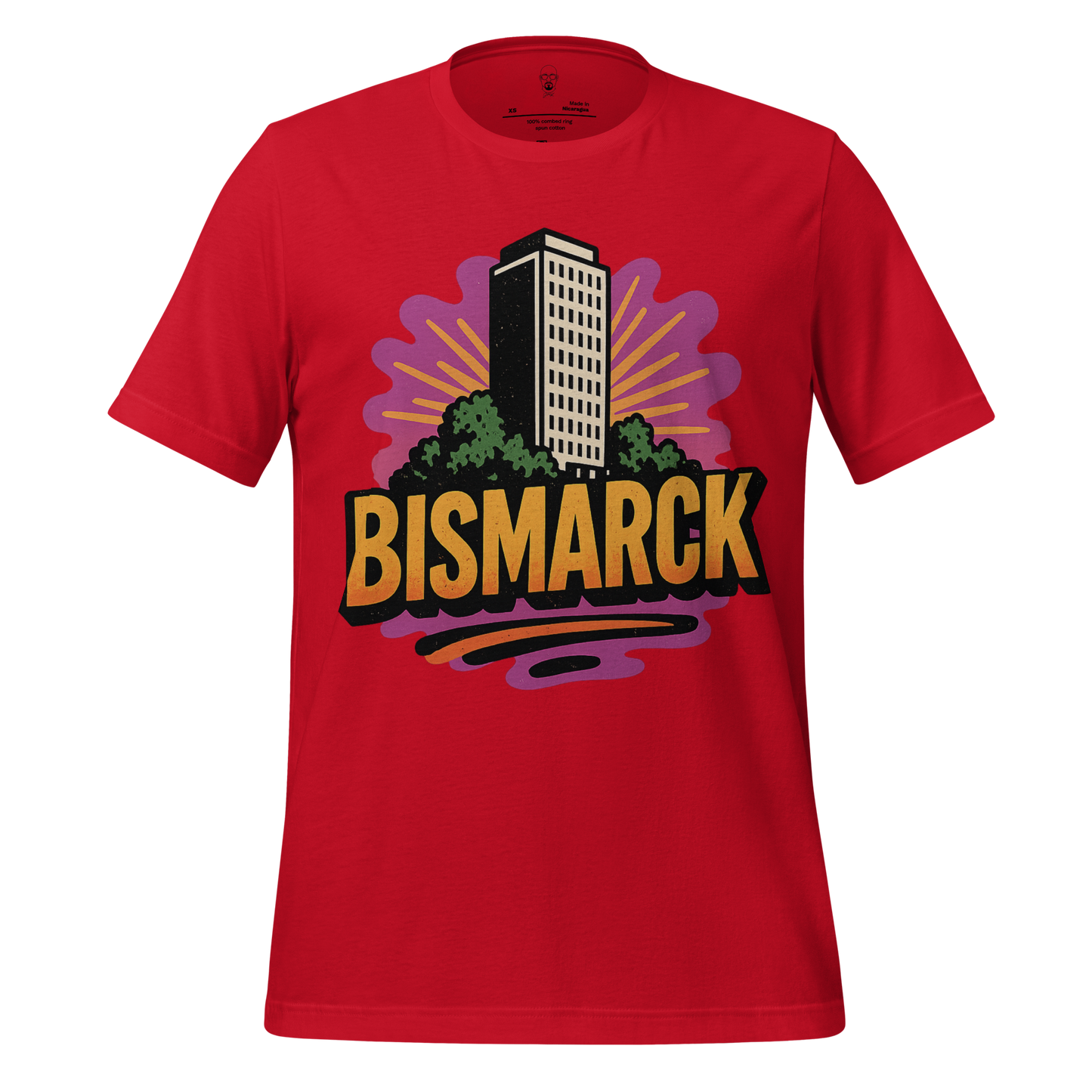 Red Bismarck graphic t-shirt by JMK Drip featuring a tall building and colorful design