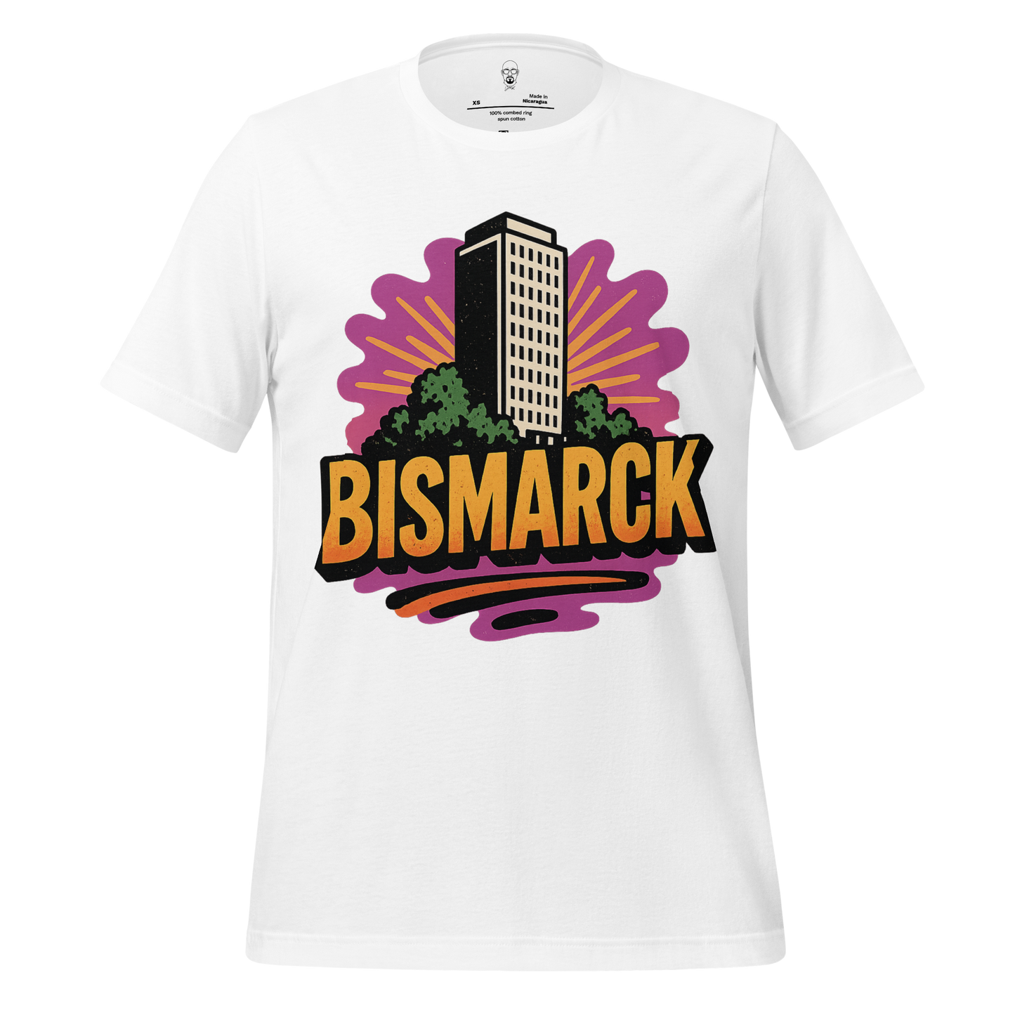 JMK Drip white Bismarck graphic t-shirt featuring a tall building with colorful sunset background