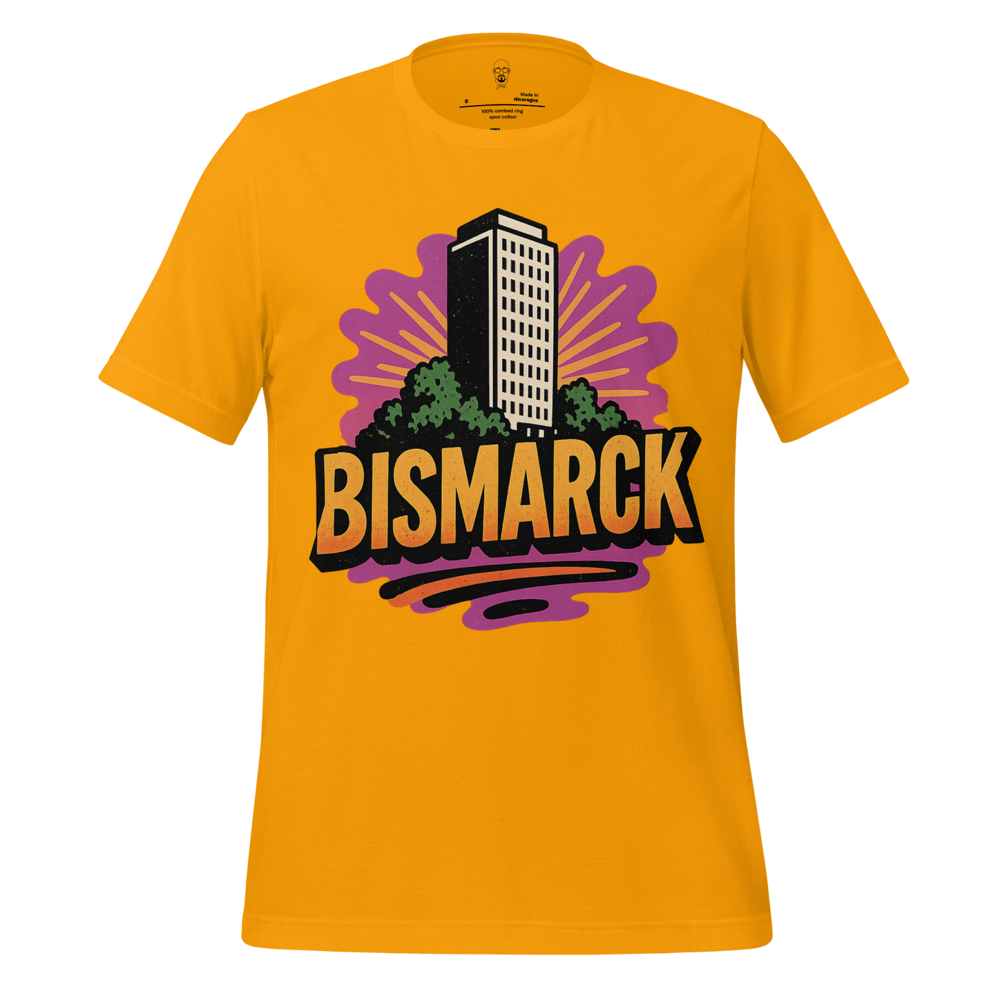 JMK Drip yellow Bismarck graphic t-shirt featuring a tall building with colorful retro design