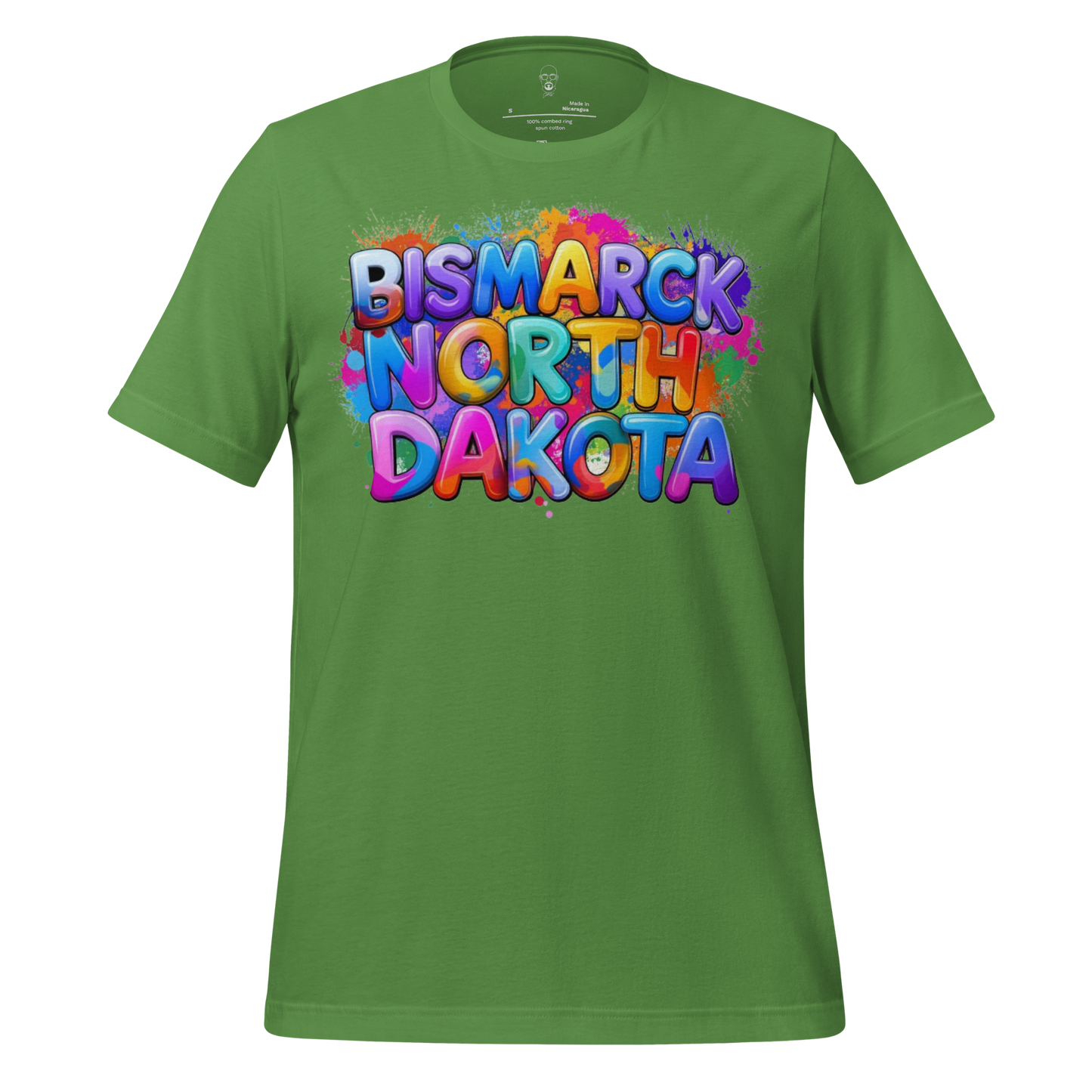 Green Bismarck North Dakota t-shirt with colorful graffiti-style text design by JMK Drip