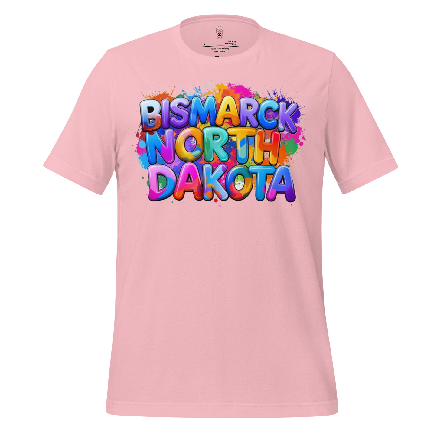 Pink Bismarck North Dakota t-shirt with colorful graffiti style text design by JMK Drip