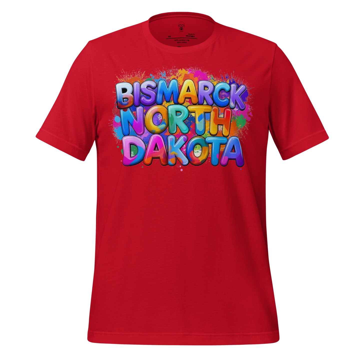 Red Bismarck North Dakota t-shirt with colorful graffiti style text design by JMK Drip