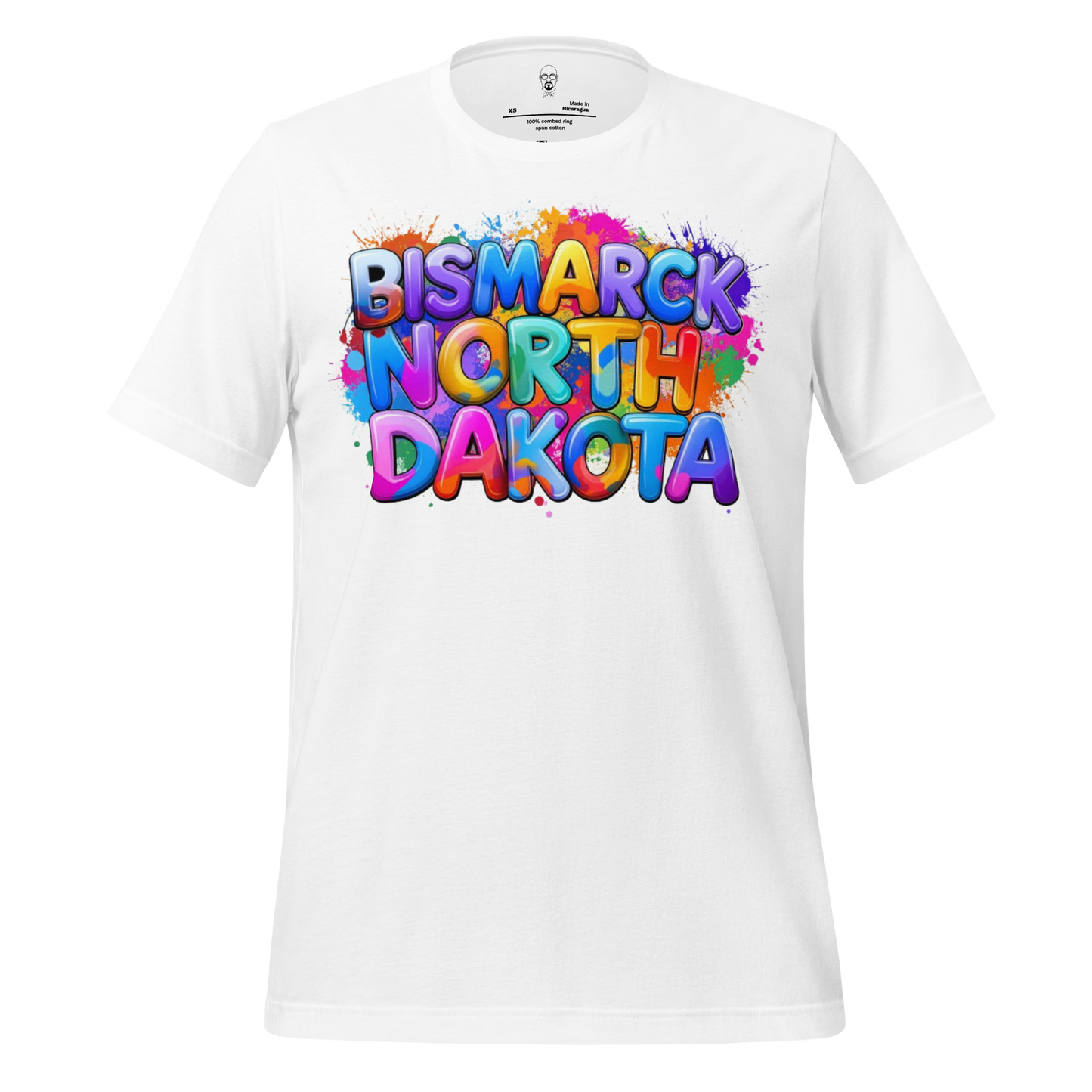 JMK Drip white t-shirt with colorful Bismarck North Dakota t-shirt text design and paint splatter background