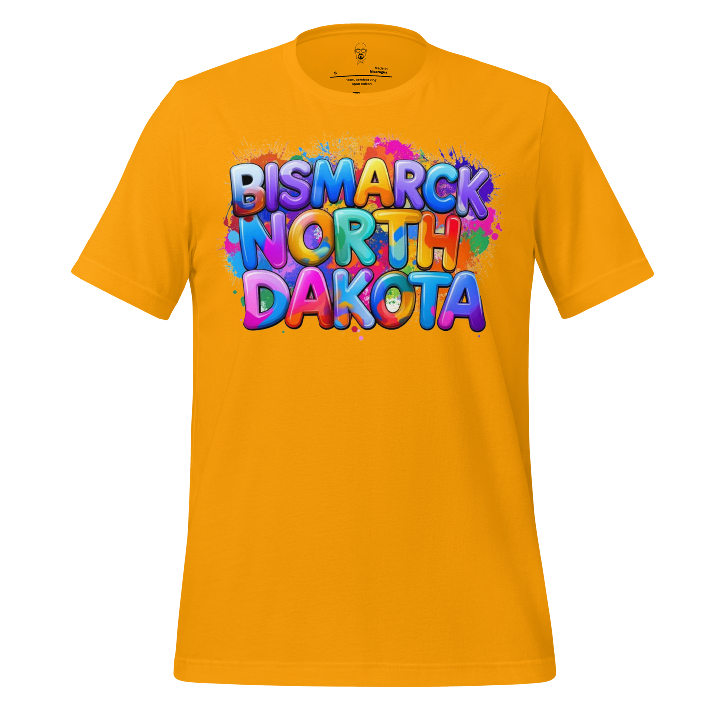 Bright orange Bismarck North Dakota t-shirt with colorful graffiti style text design