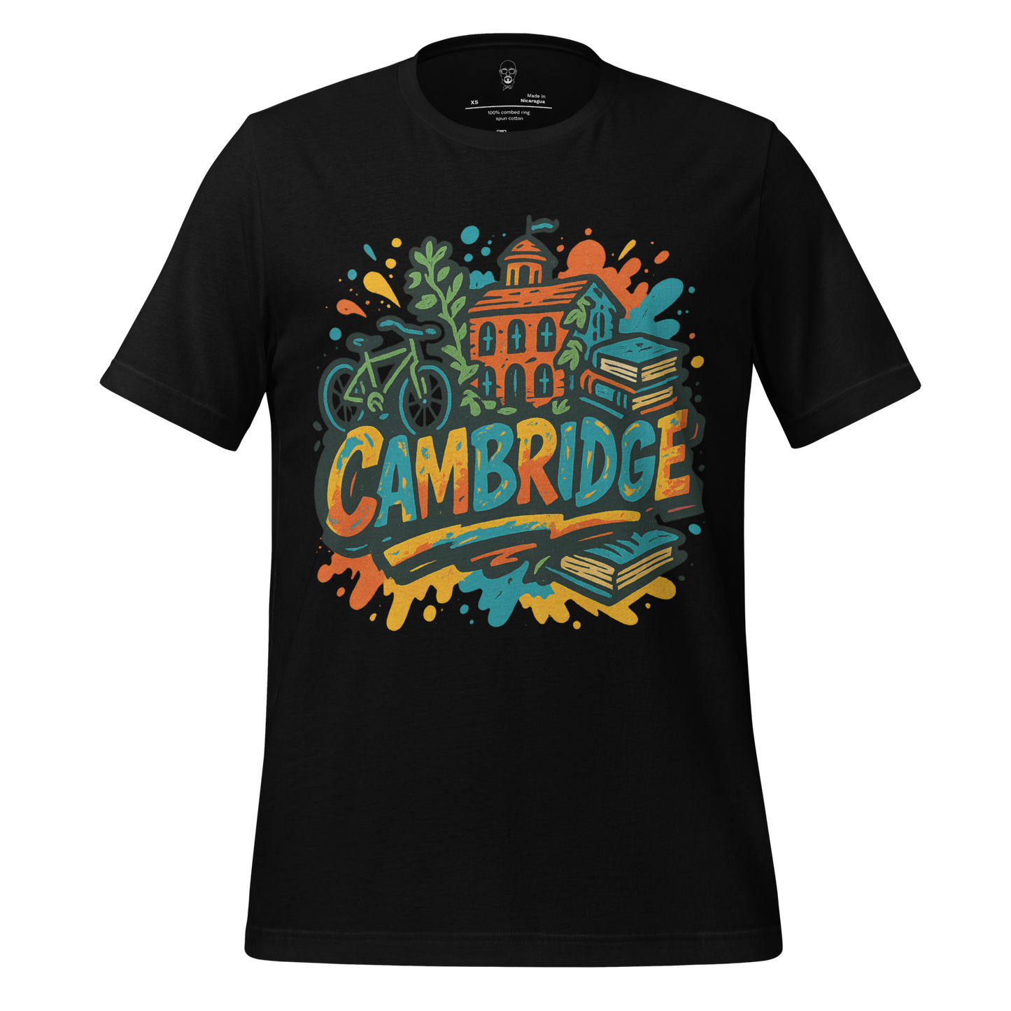 Black JMK Drip Cambridge graphic t-shirt with colorful bicycle books and building design