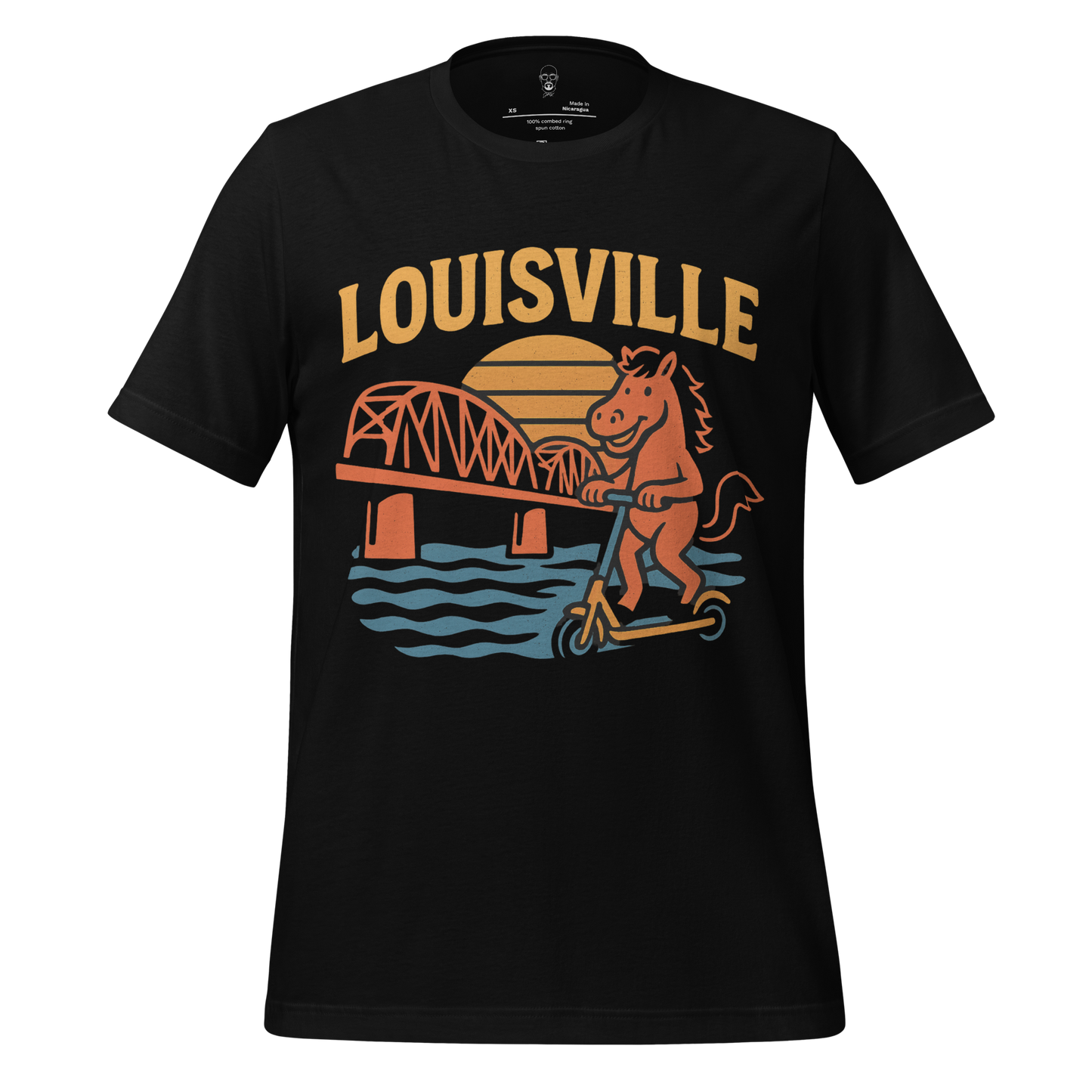 Black Louisville graphic t-shirt featuring a horse riding a scooter with bridge and sunset design