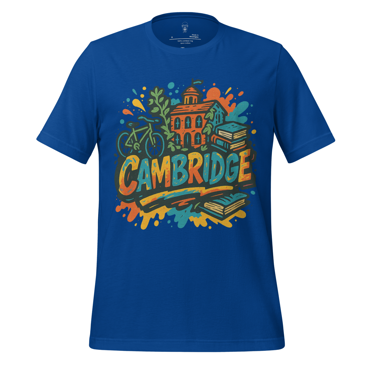 JMK Drip Cambridge graphic t-shirt in blue with colorful university-themed design and books
