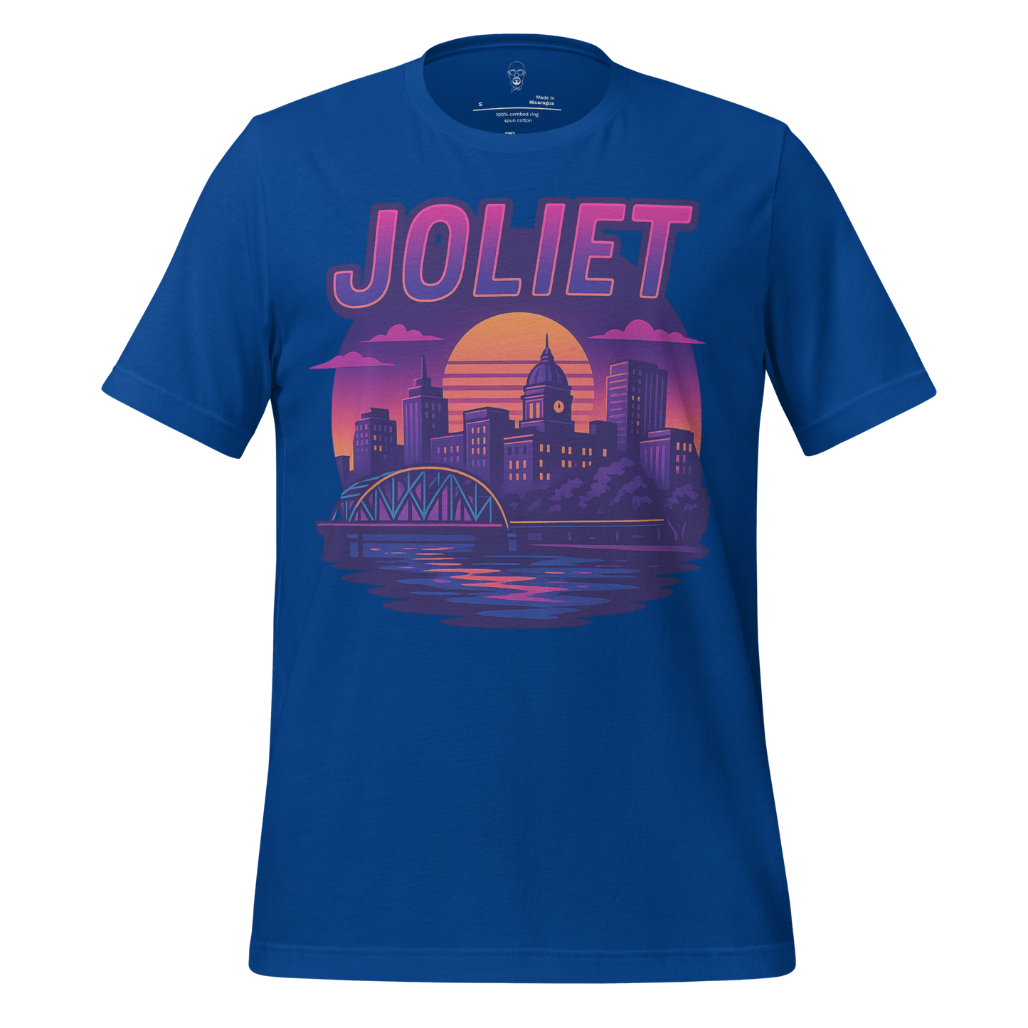 JMK Drip Joliet Graphic T-Shirt in blue with sunset cityscape and bridge design