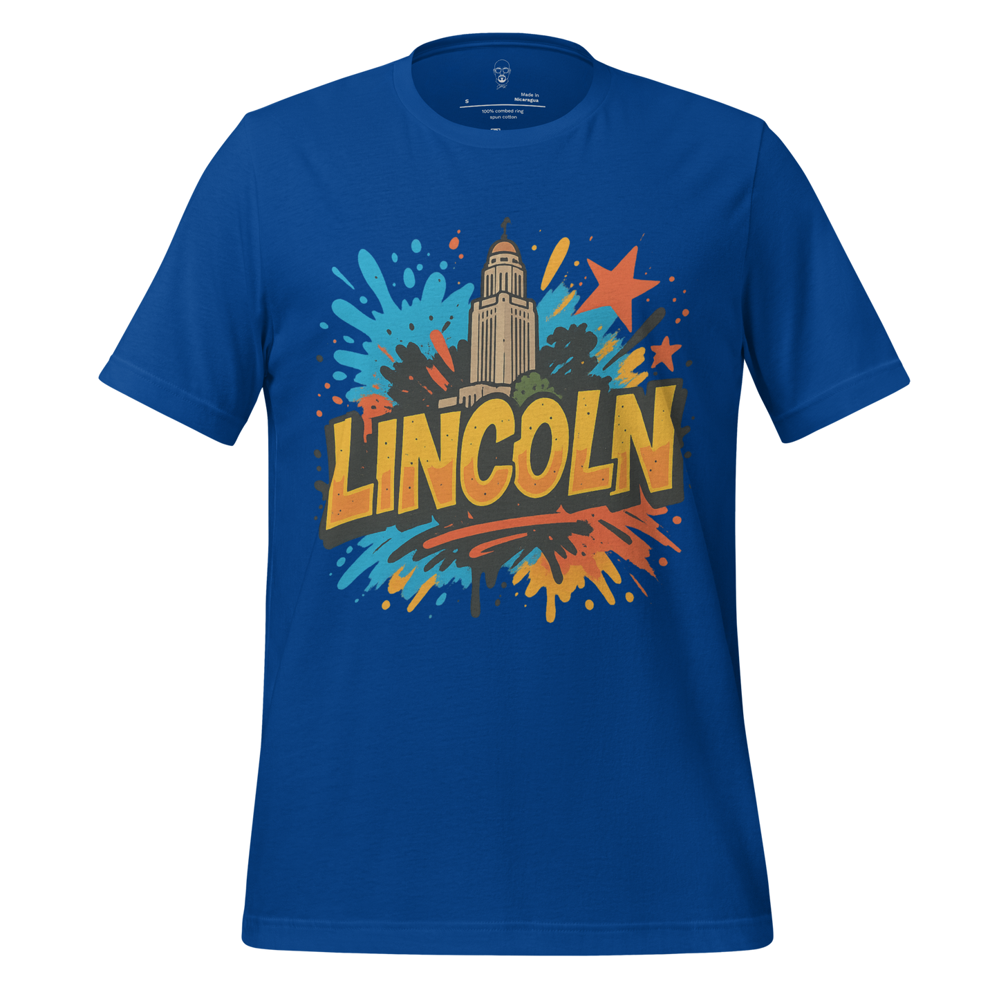 Blue Lincoln Graphic T-Shirt with colorful splash design and city landmark print