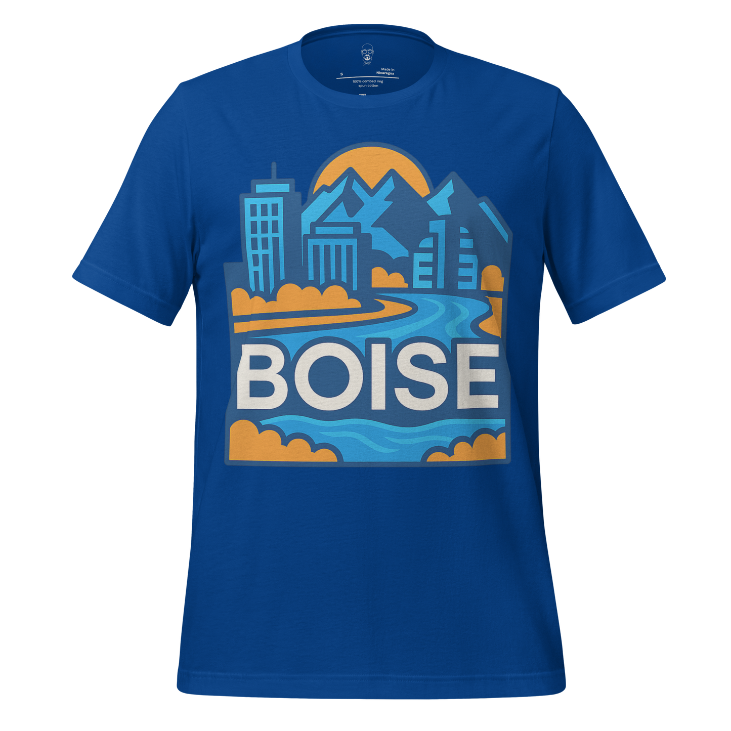 Blue Boise Graphic T-Shirt by JMK Drip featuring city skyline and mountain design