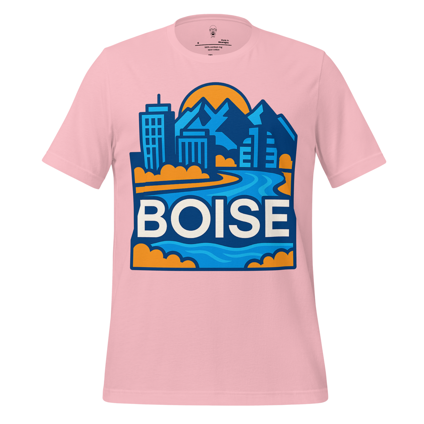 Pink Boise Graphic T-Shirt with blue and orange cityscape and river design by JMK Drip