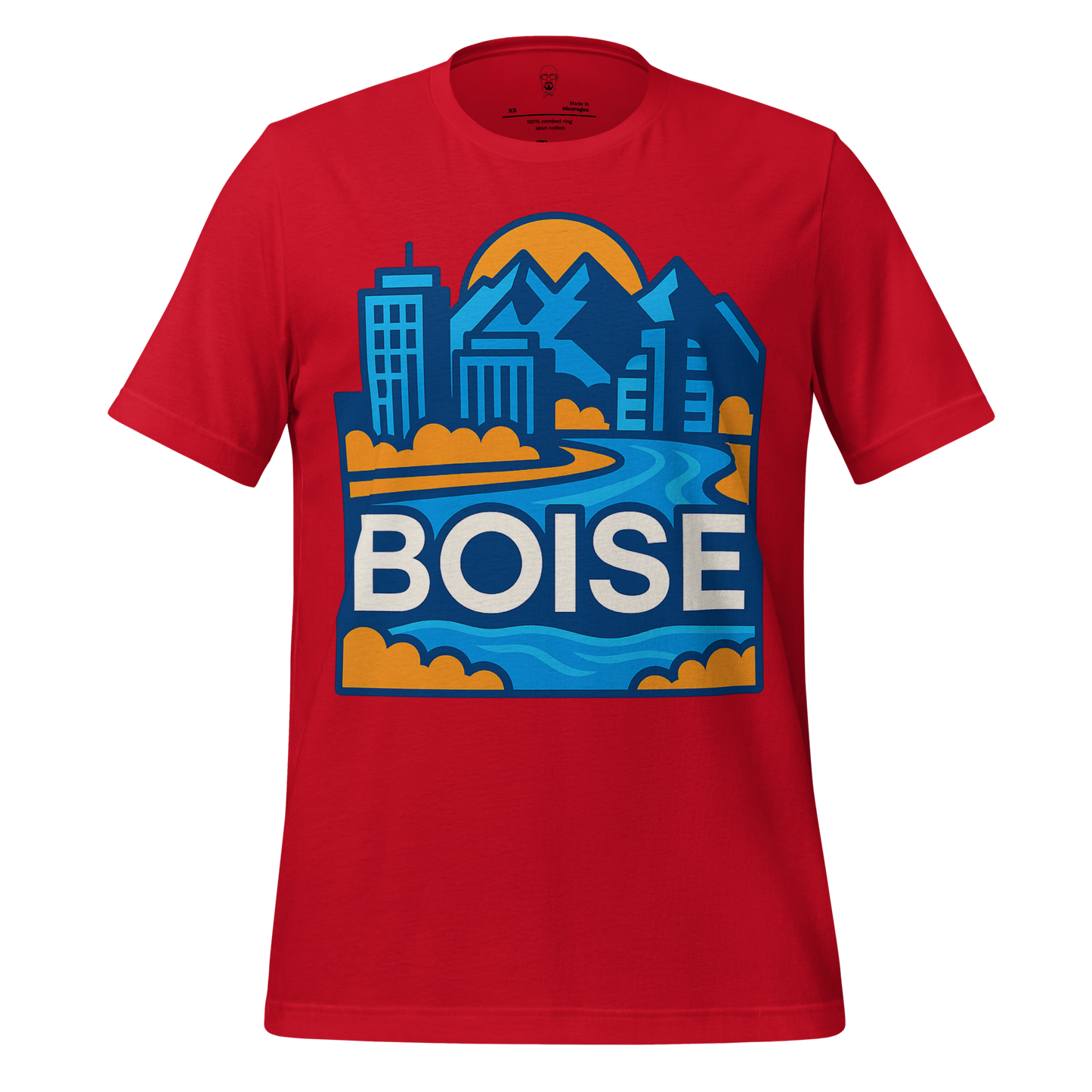 JMK Drip red Boise Graphic T-Shirt with city skyline and mountain river design
