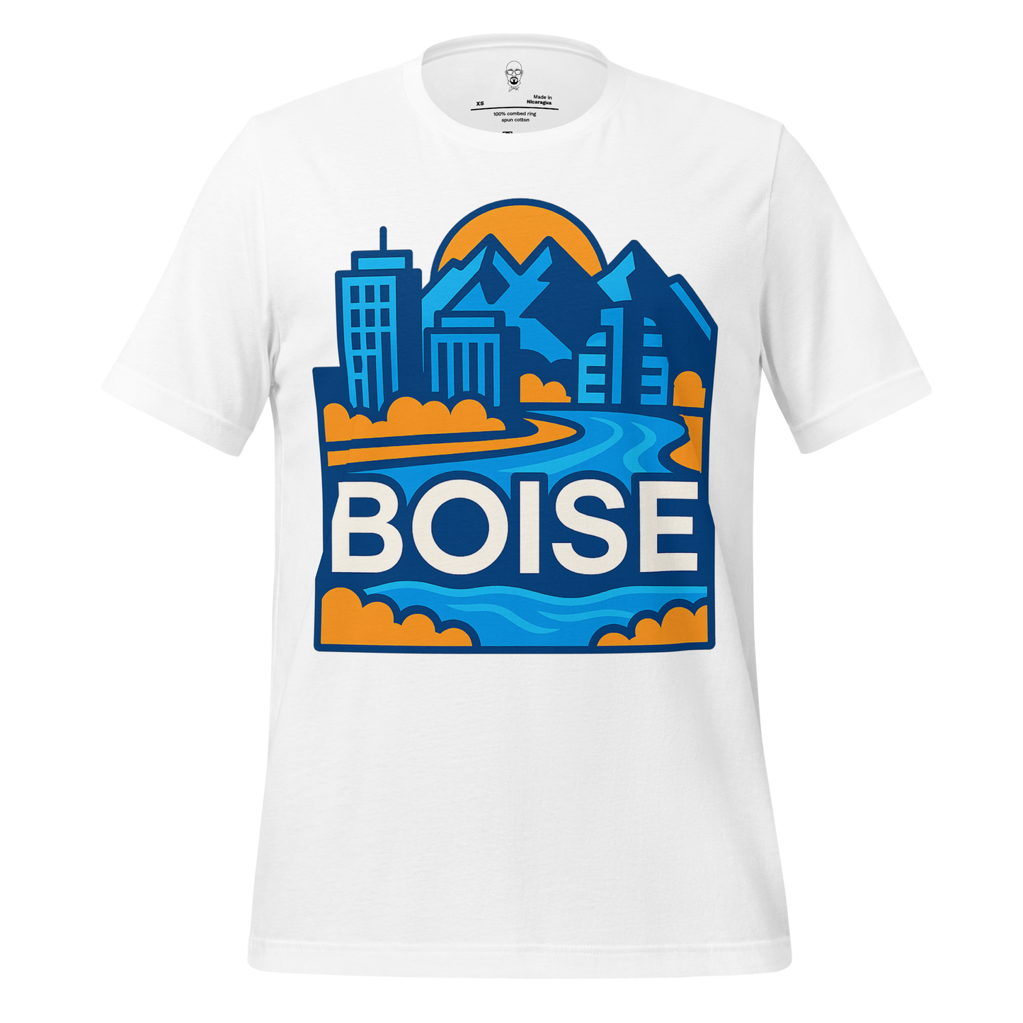 White Boise Graphic T-Shirt by JMK Drip featuring blue and orange cityscape with mountains and river design
