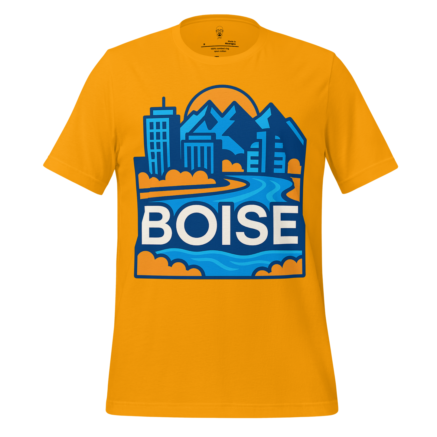 JMK Drip Boise Graphic T-Shirt in yellow with blue cityscape and mountain design