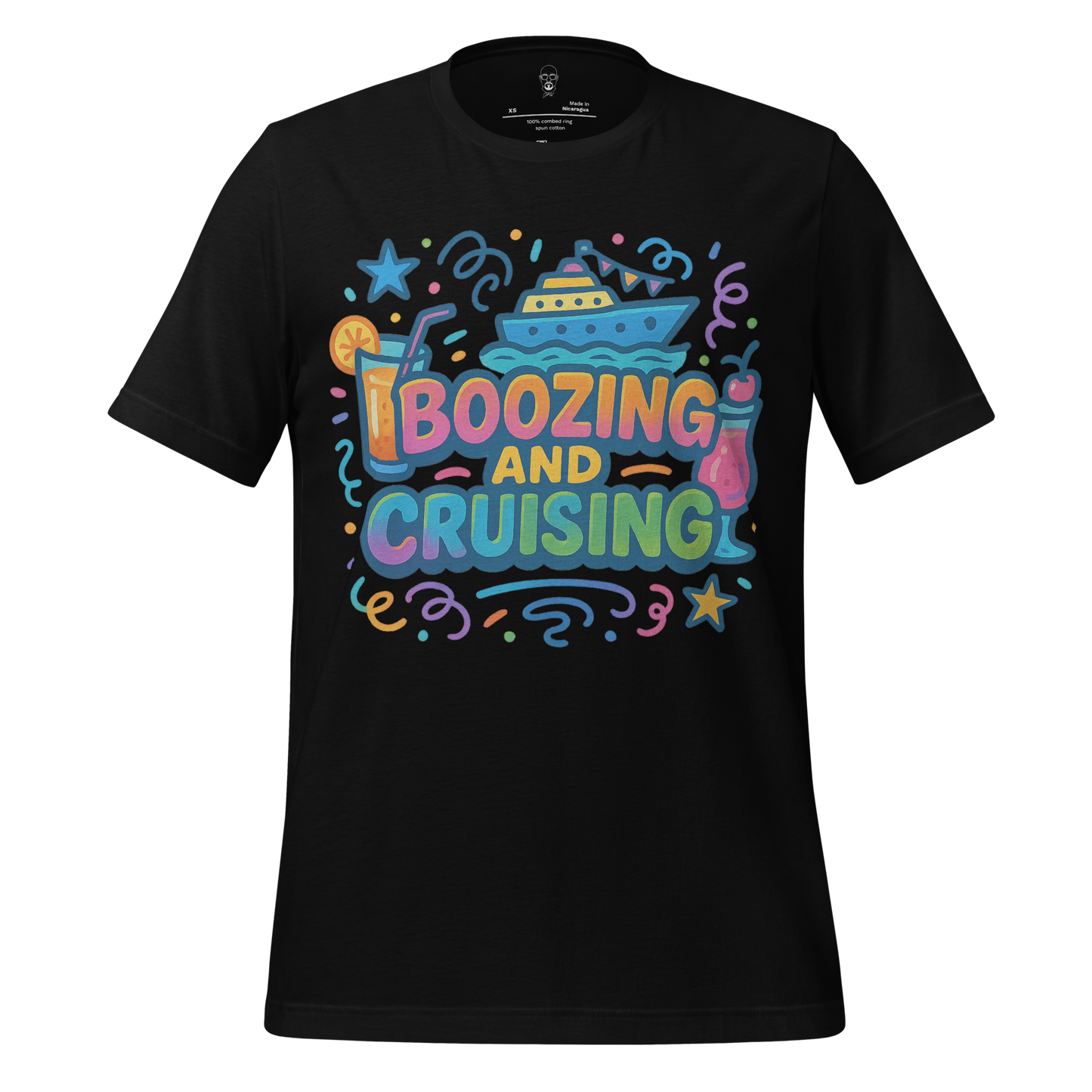 Black boozing and cruising t-shirt with colorful cruise ship and cocktail drink graphic