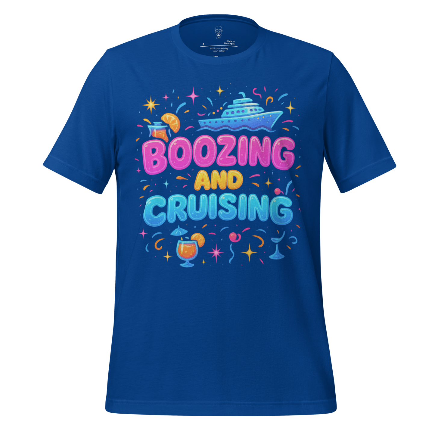 Blue boozing and cruising t-shirt with colorful cruise ship and cocktail graphic design