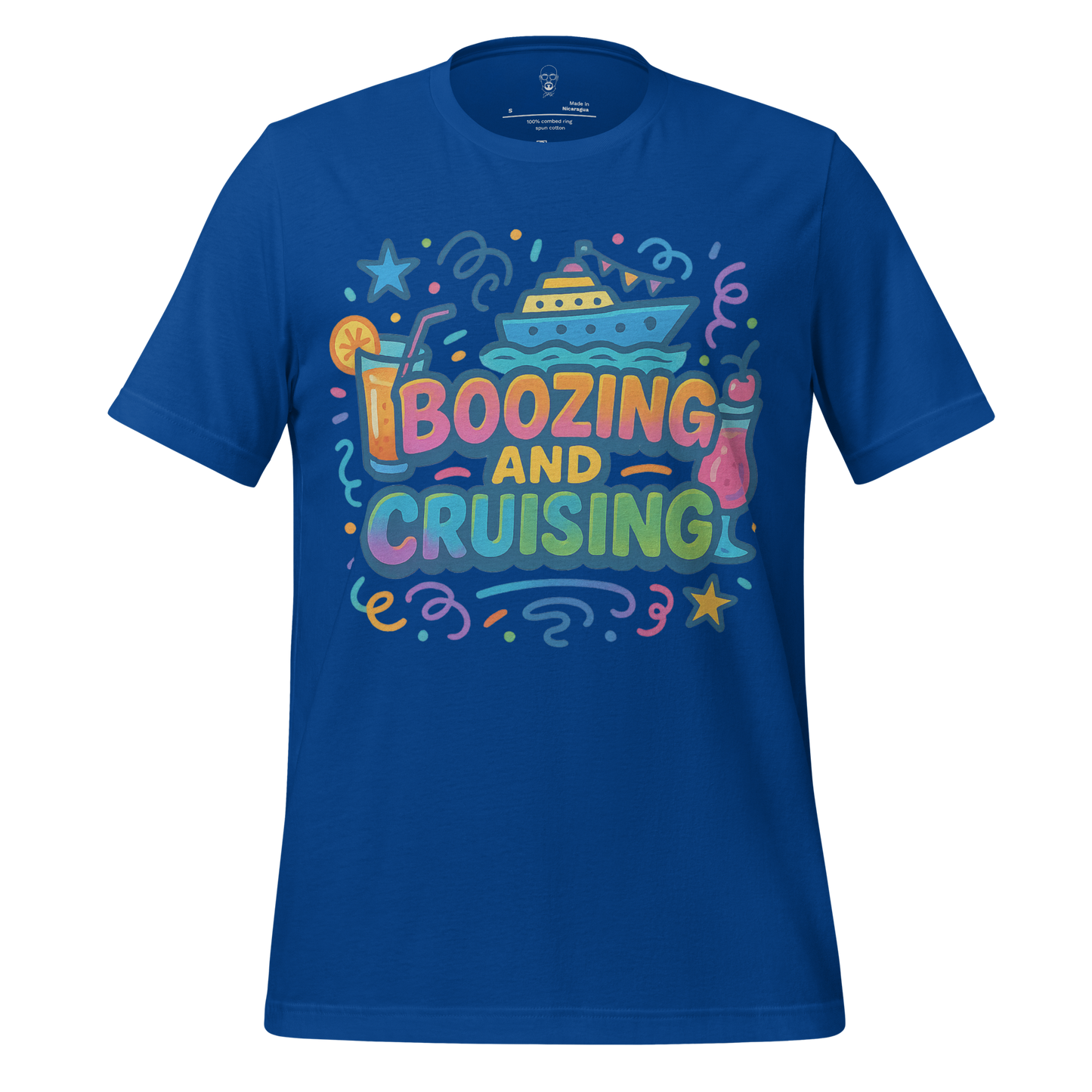 Blue JMK Drip boozing and cruising t-shirt with colorful cruise ship and drinks graphic design