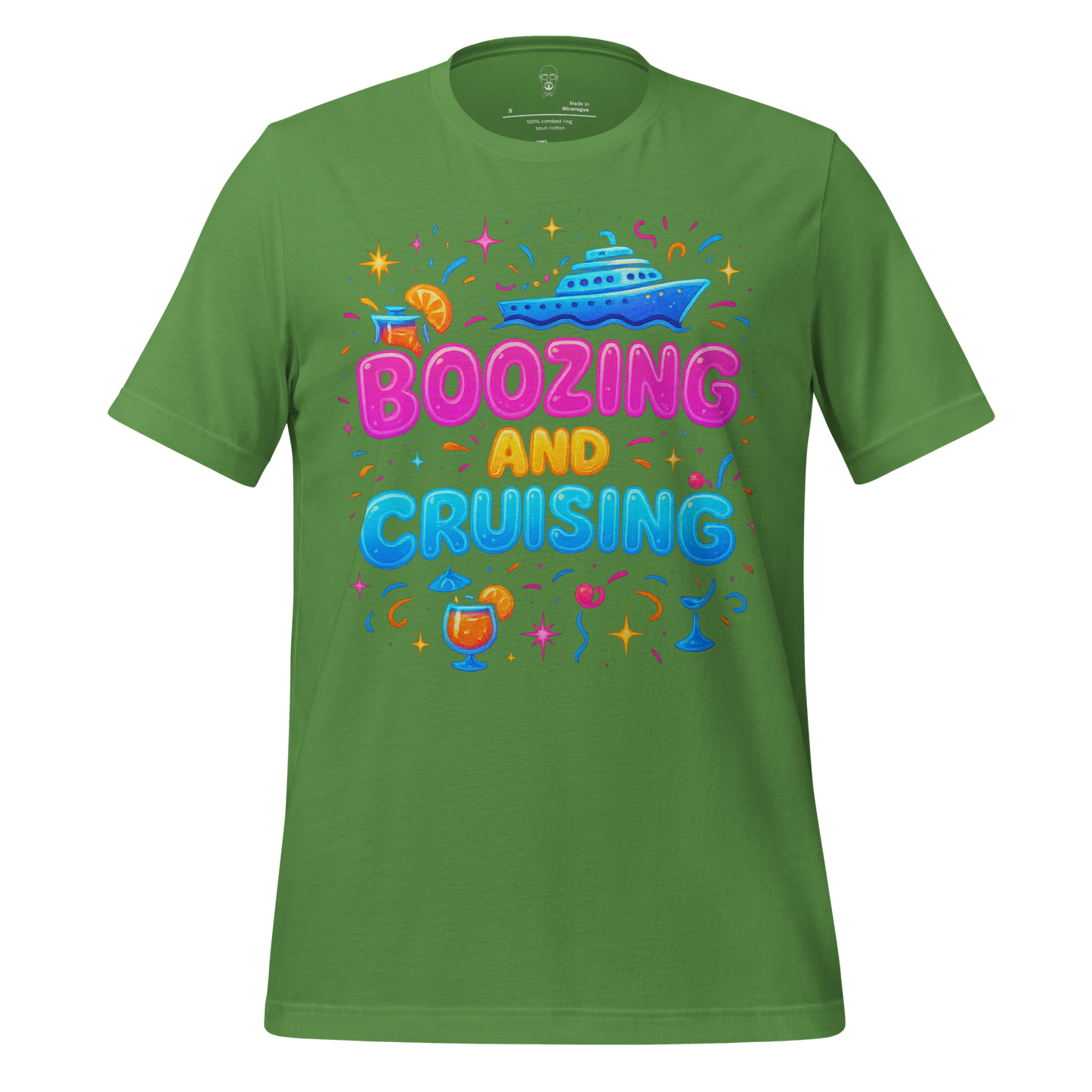 Green boozing and cruising t-shirt by JMK Drip with colorful cruise ship and drink graphics