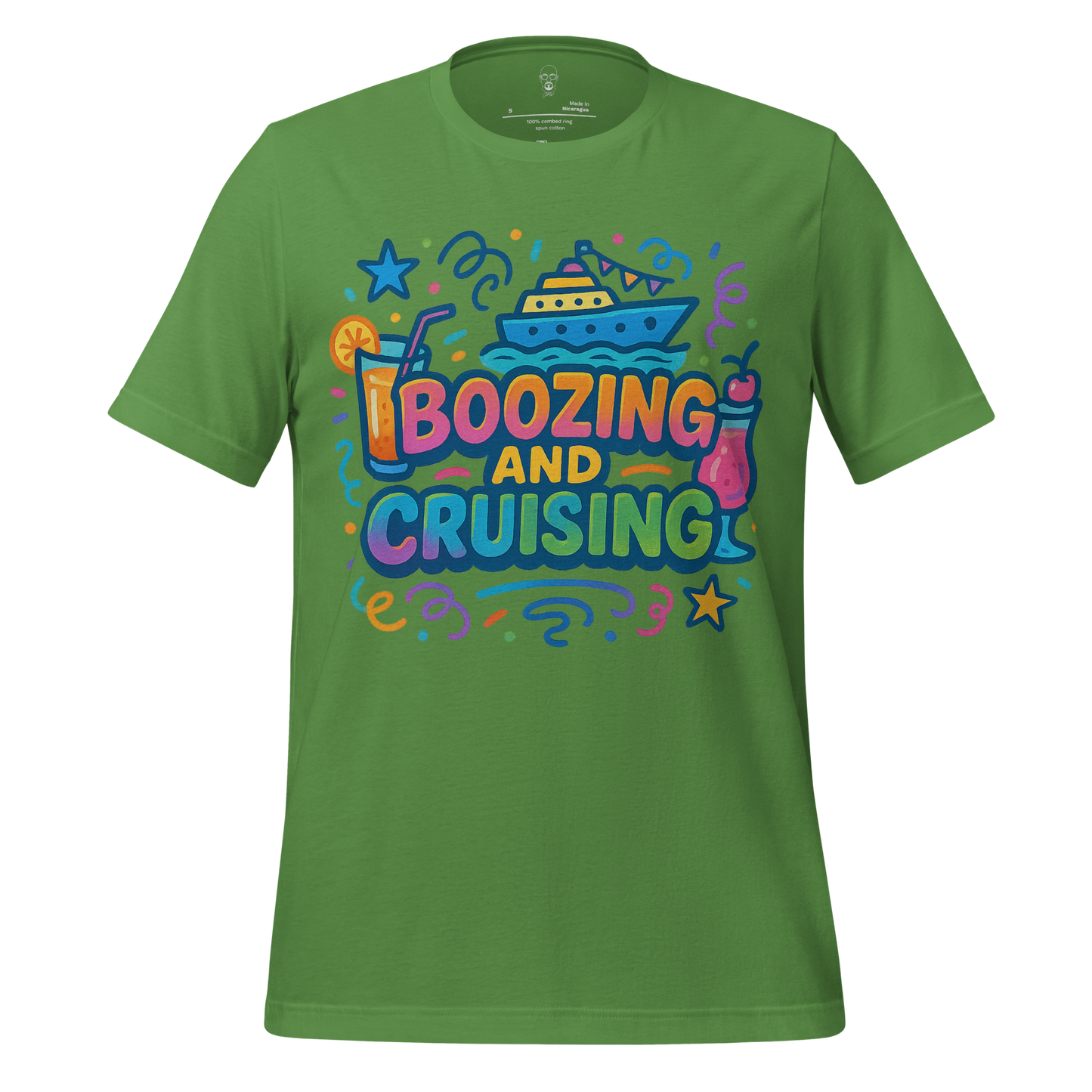 Green boozing and cruising t-shirt by JMK Drip with colorful cruise ship and drink graphics