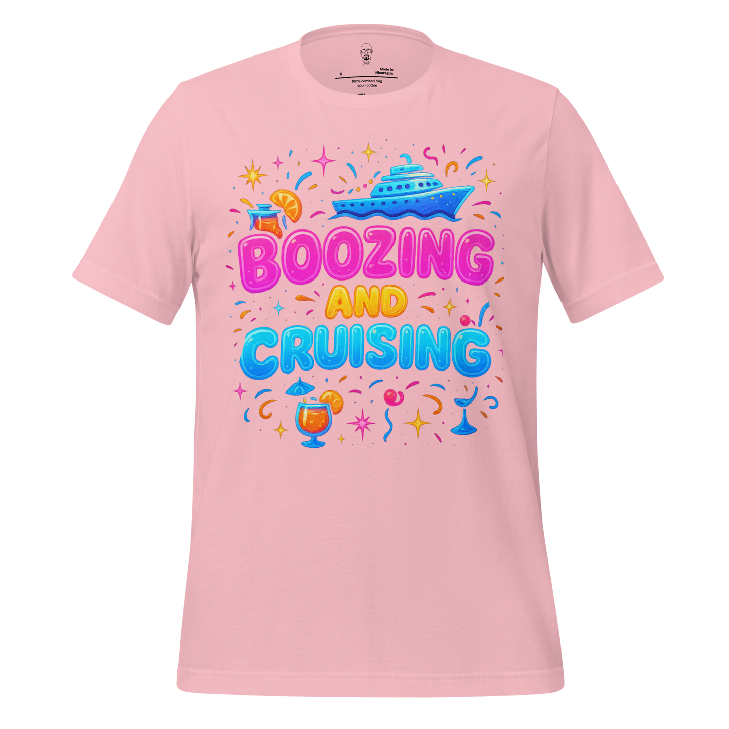 Pink JMK Drip boozing and cruising t-shirt with colorful cruise ship and drink graphics