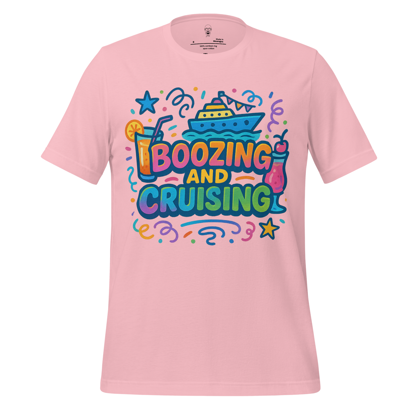 Pink JMK Drip boozing and cruising t-shirt with colorful cruise ship and cocktail drink design