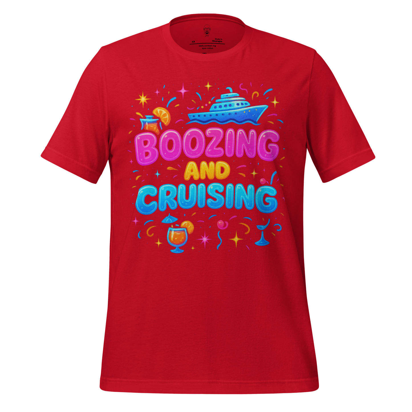 Red JMK Drip boozing and cruising t-shirt with colorful cruise ship and cocktail graphics