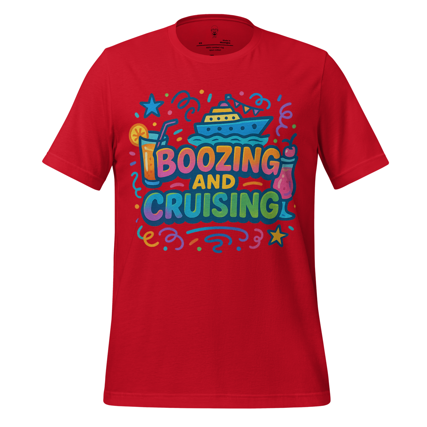 Red boozing and cruising t-shirt by JMK Drip with colorful cruise ship and cocktail graphic