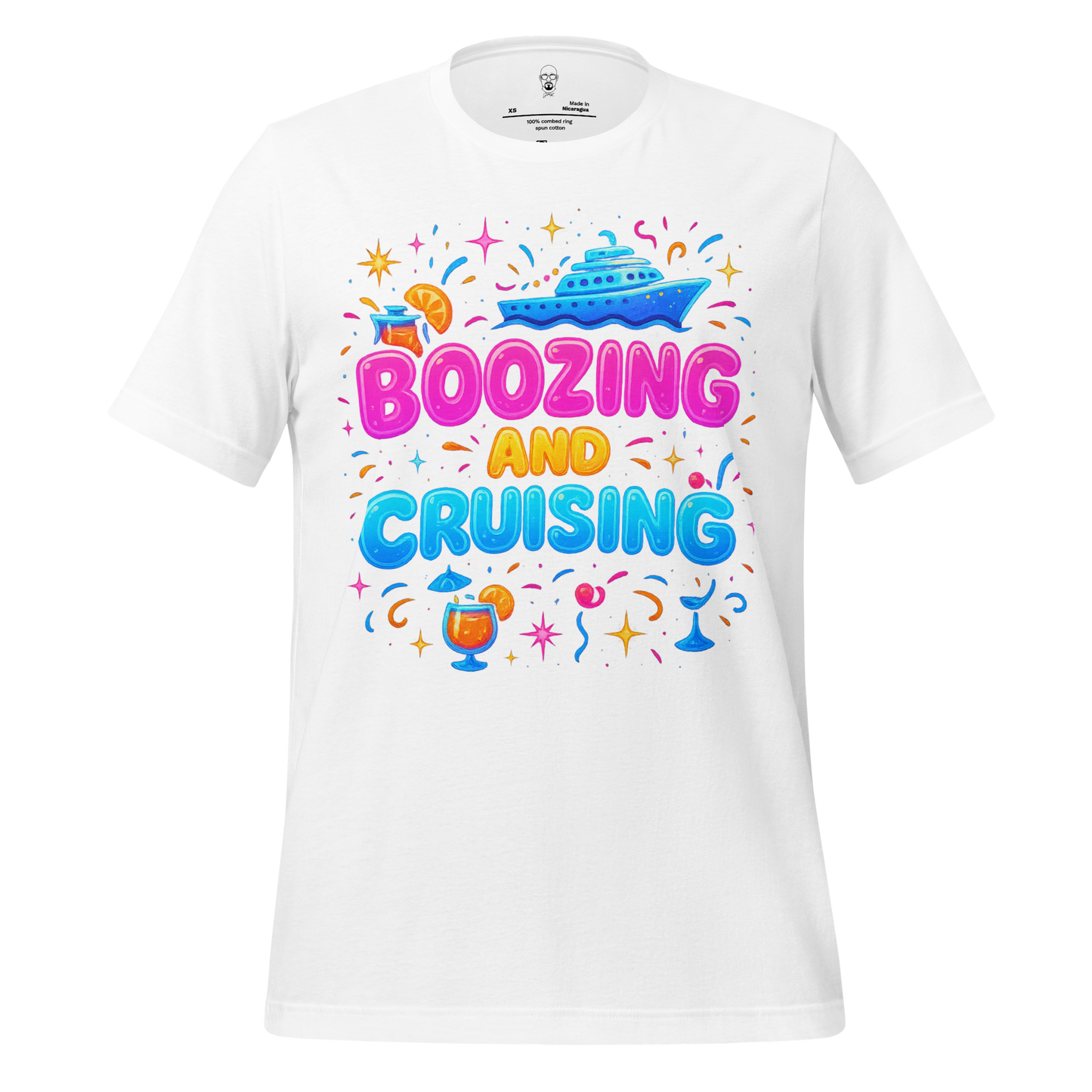 White boozing and cruising t-shirt with colorful cruise ship and cocktail illustrations by JMK Drip
