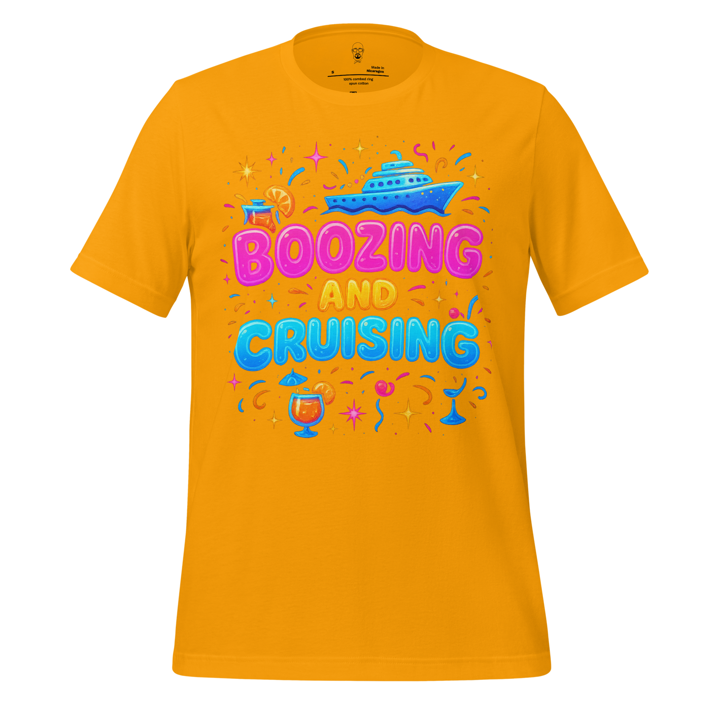 JMK Drip yellow boozing and cruising t-shirt with colorful cruise ship and cocktail graphic design
