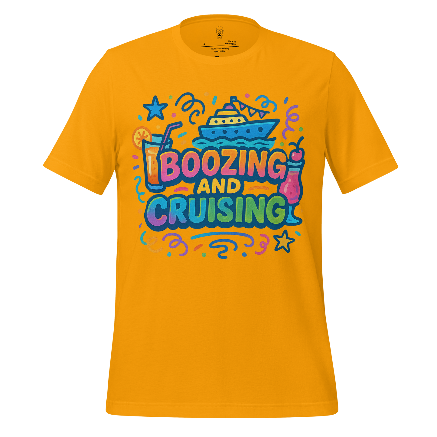 JMK Drip yellow boozing and cruising t-shirt with colorful cruise ship and drink graphics