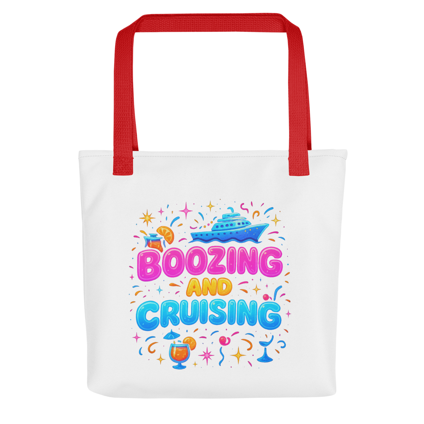 JMK Drip white tote bag with red handles featuring colorful boozing and cruising tote bag design