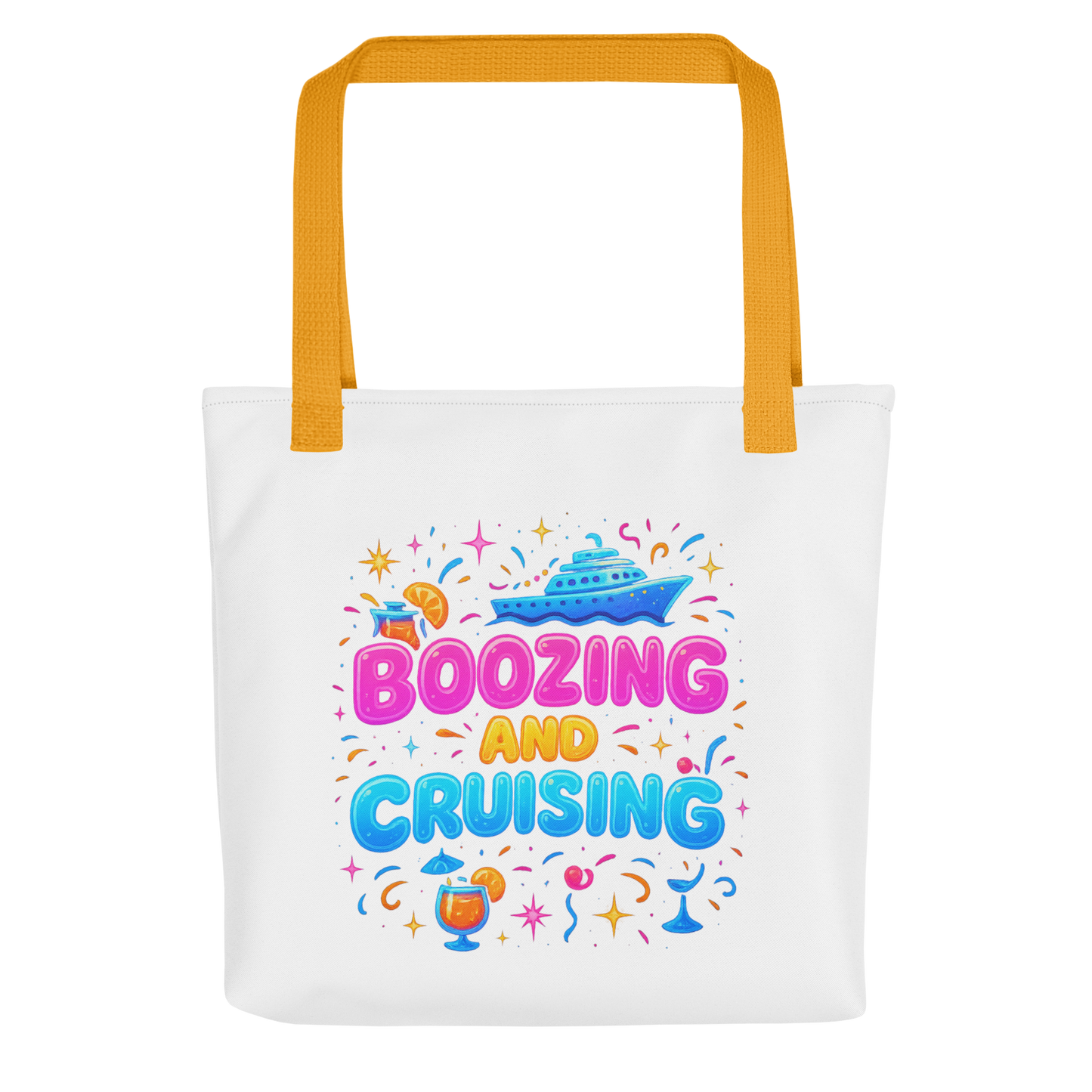 White tote bag with orange handles featuring colorful boozing and cruising tote bag design with drinks and cruise ship